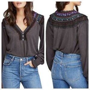 NWT Free People Siesta Fiesta Crochet Henley Top in Washed Black, Size L